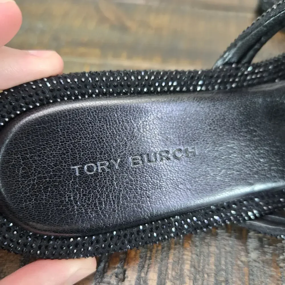 NEW Tory Burch Miller Knotted Pave Womens Size 7 Sandal Flip Flops Black Crystal